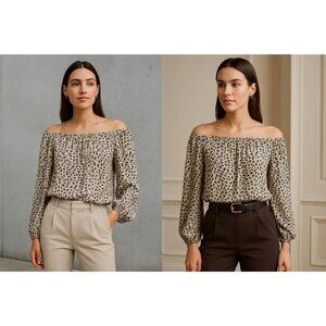 Anthropologie Womens Off-Shoulder Animal Print Top Beige M Minimalist Chic